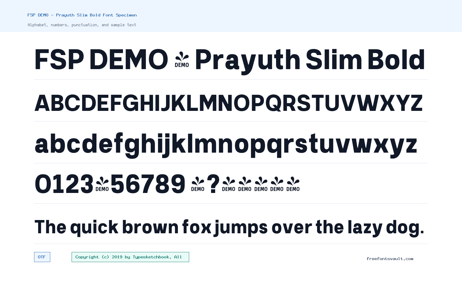 FSP DEMO - Prayuth Slim Bold font specimen showing alphabet, numbers, and sample text
