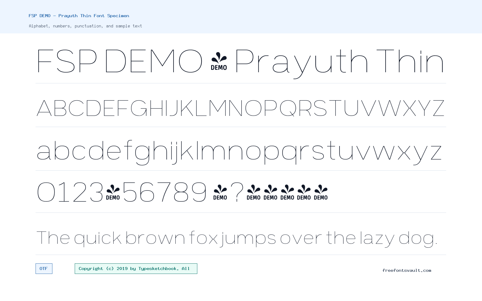 FSP DEMO - Prayuth Thin font specimen showing alphabet, numbers, and sample text