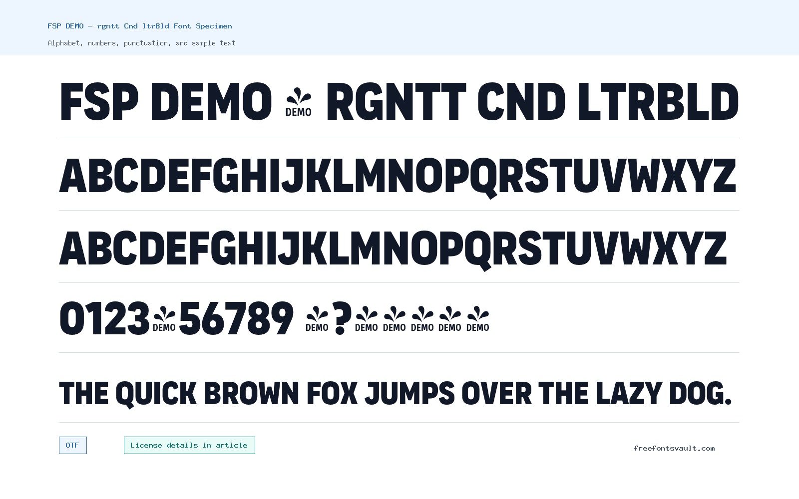 FSP DEMO - rgntt Cnd ltrBld font specimen showing alphabet, numbers, and sample text