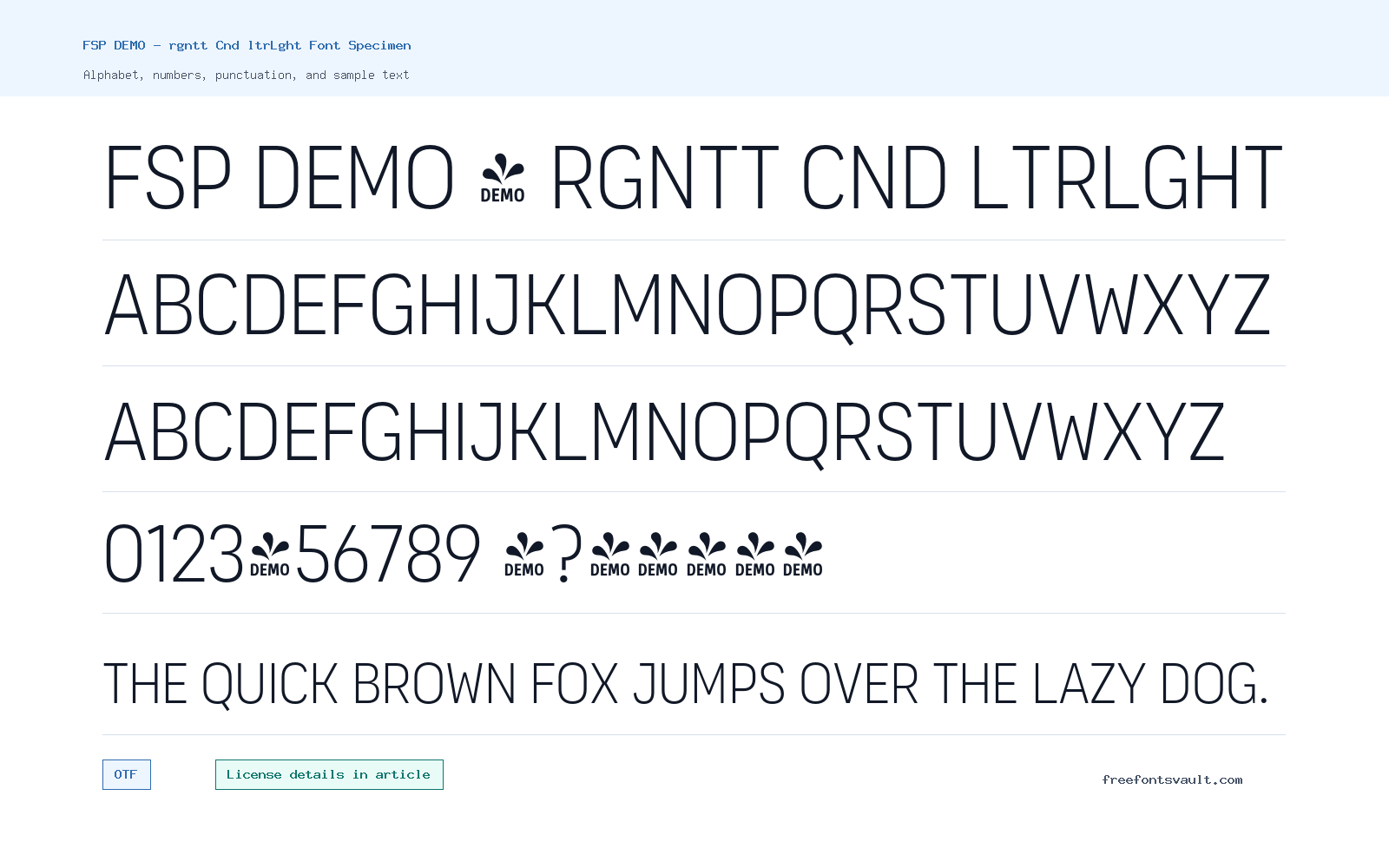 FSP DEMO - rgntt Cnd ltrLght font specimen showing alphabet, numbers, and sample text