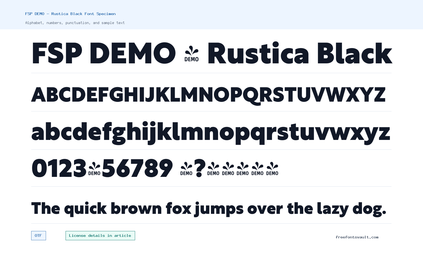 FSP DEMO - Rustica Black font specimen showing alphabet, numbers, and sample text