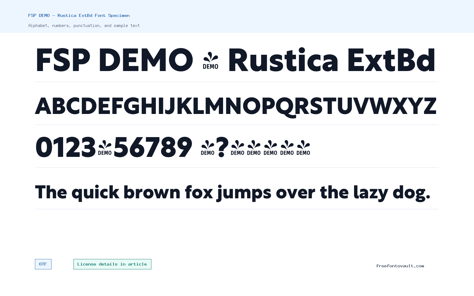 FSP DEMO - Rustica ExtBd font specimen showing alphabet, numbers, and sample text