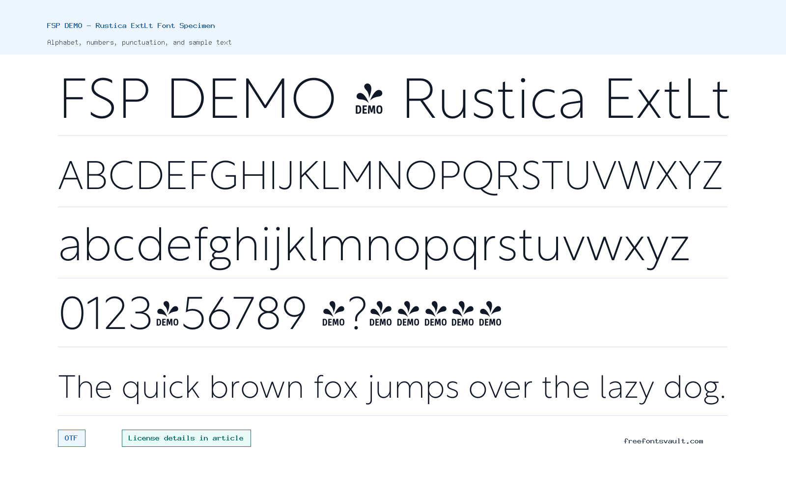 FSP DEMO - Rustica ExtLt font specimen showing alphabet, numbers, and sample text