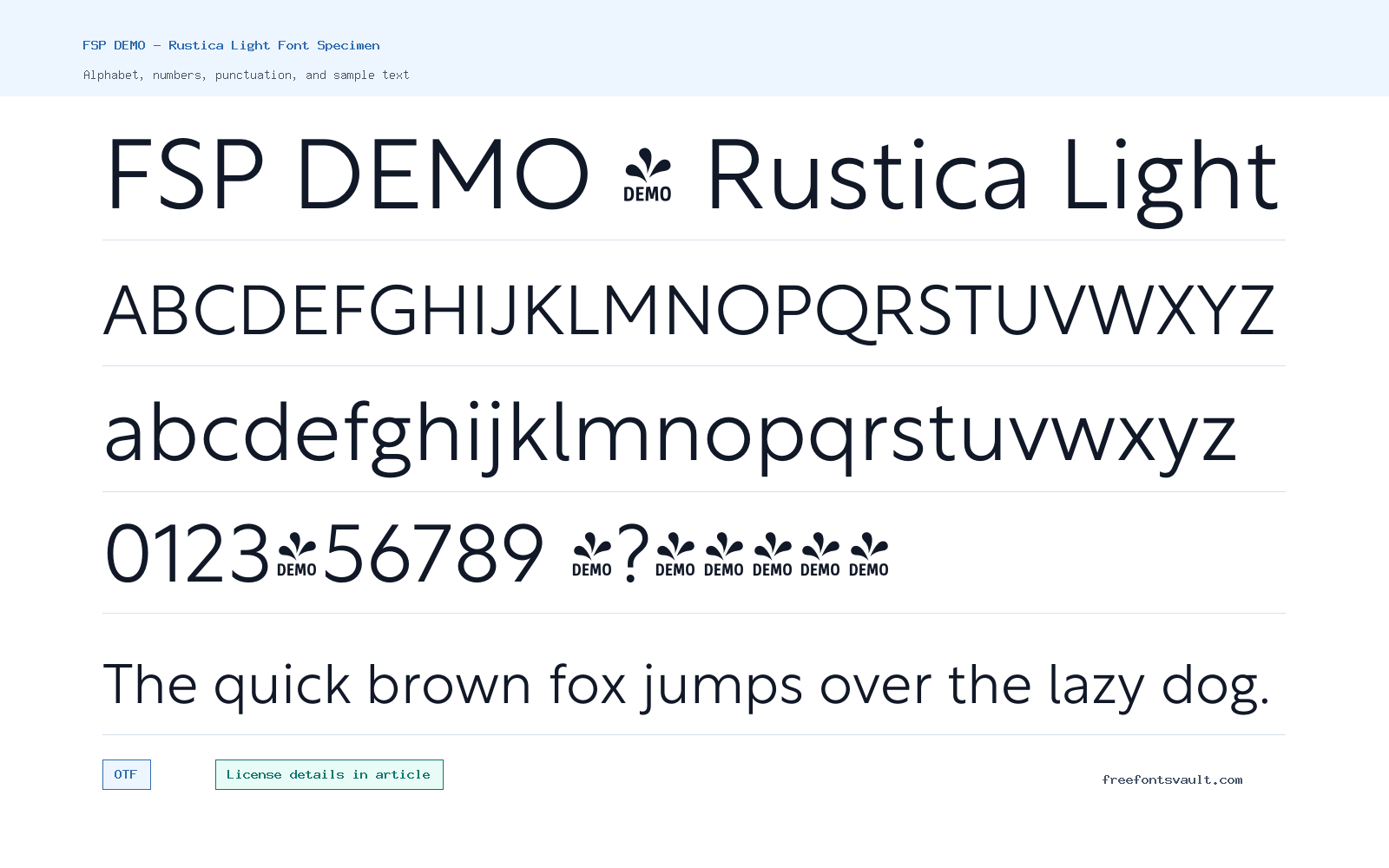 FSP DEMO - Rustica Light font specimen showing alphabet, numbers, and sample text