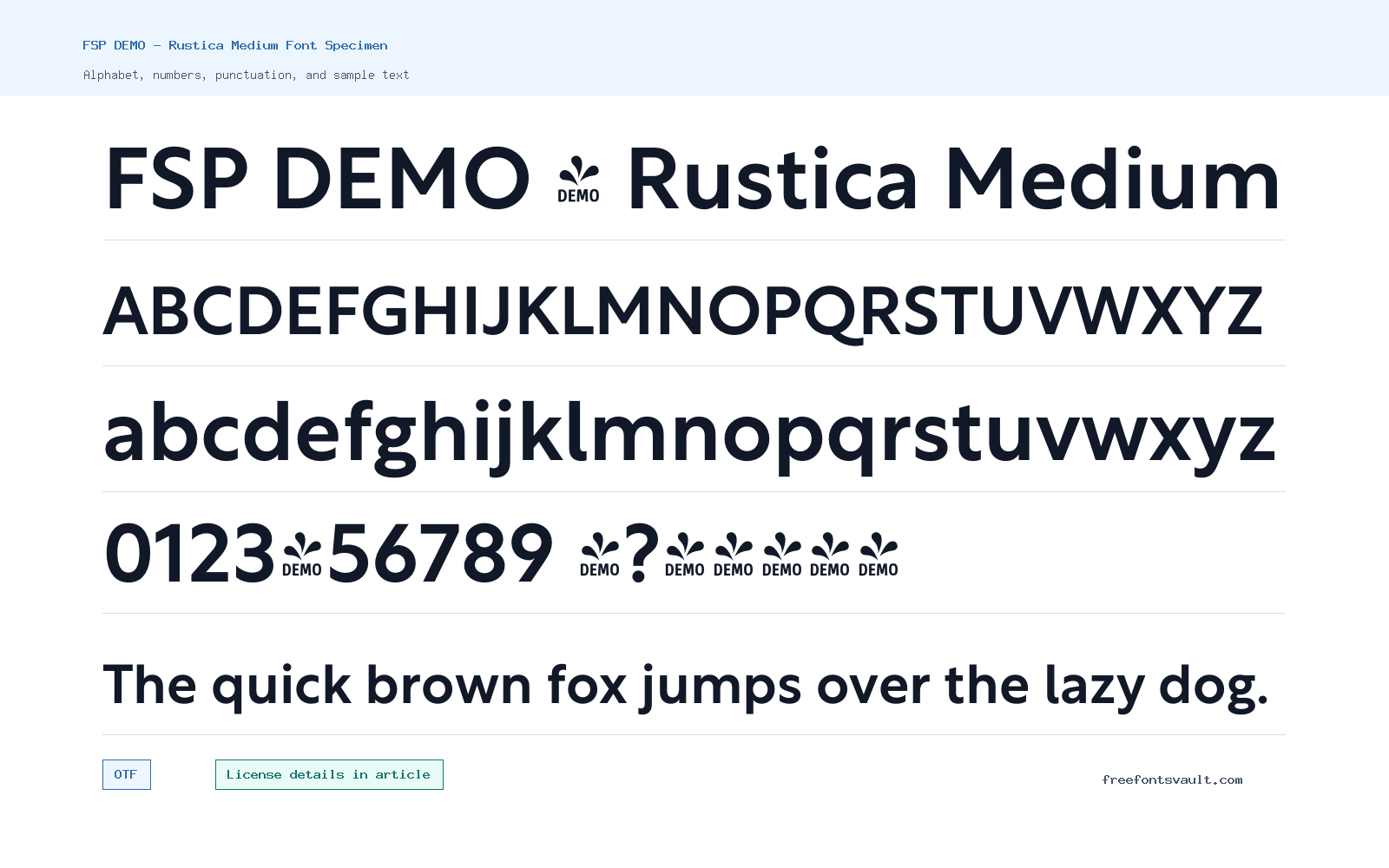 FSP DEMO - Rustica Medium font specimen showing alphabet, numbers, and sample text
