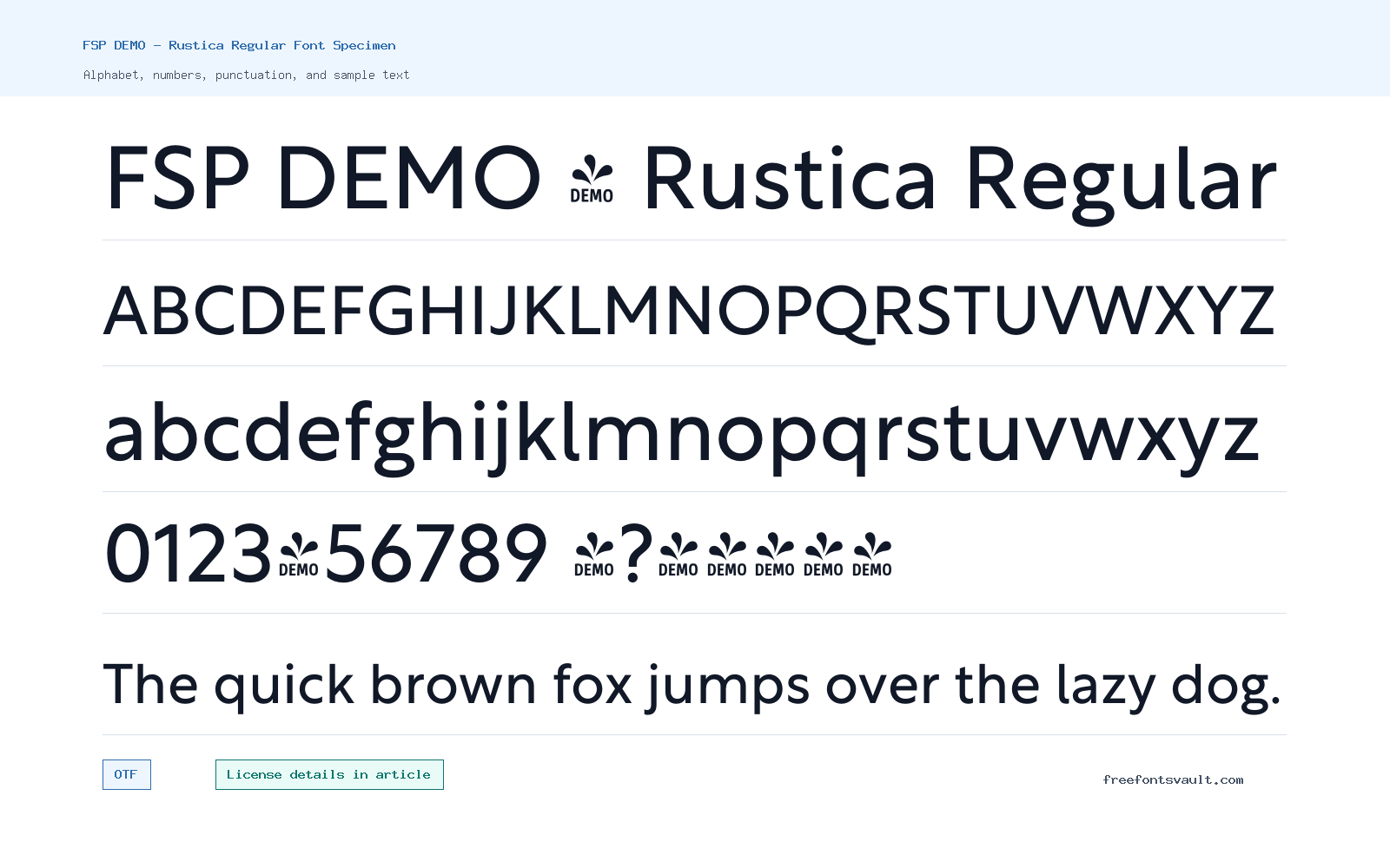 FSP DEMO - Rustica Regular font specimen showing alphabet, numbers, and sample text