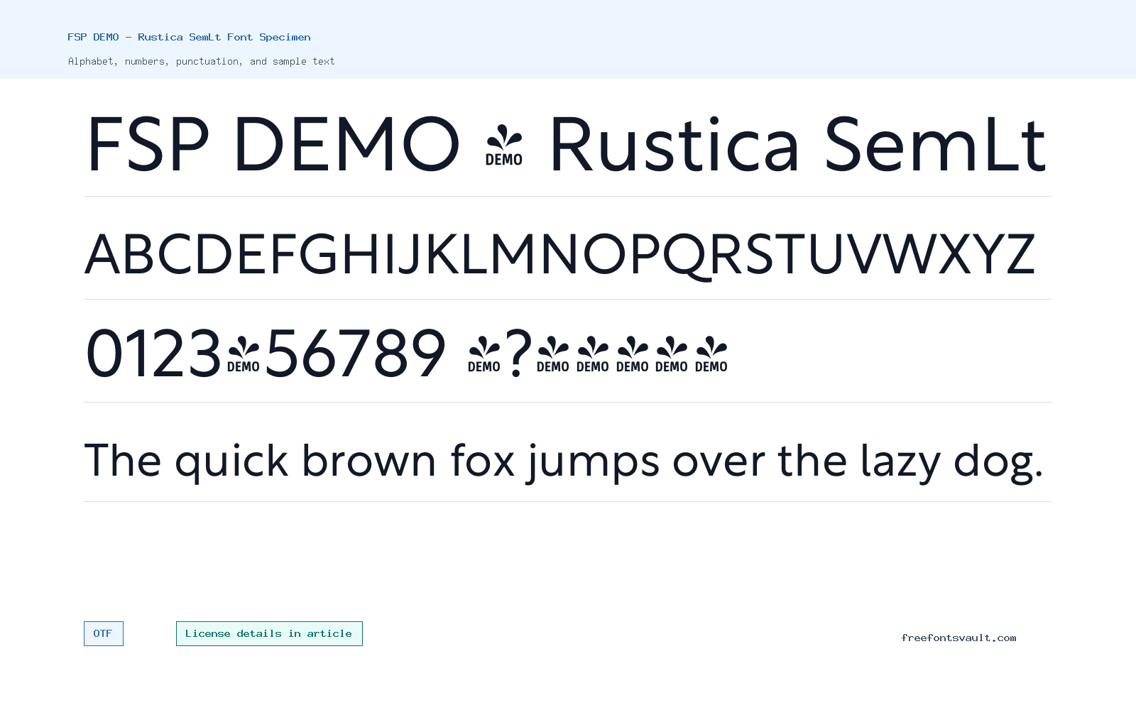 FSP DEMO - Rustica SemLt font specimen showing alphabet, numbers, and sample text