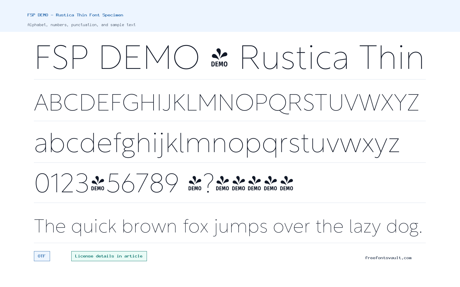 FSP DEMO - Rustica Thin font specimen showing alphabet, numbers, and sample text