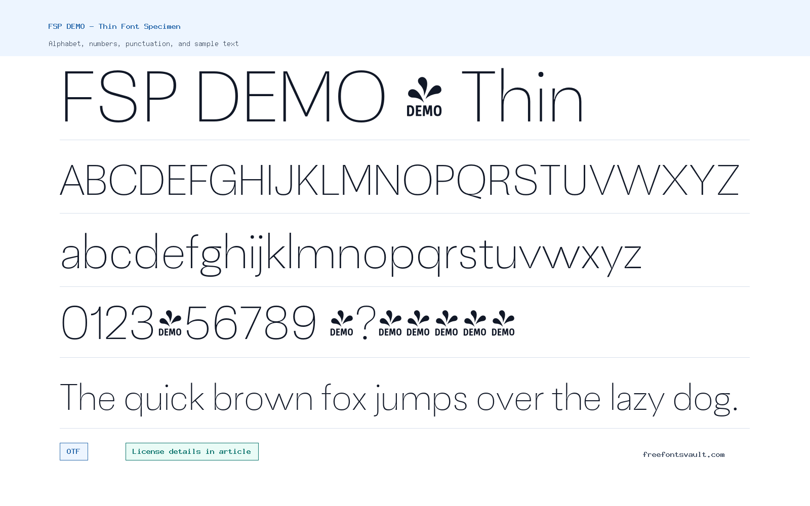 FSP DEMO - Thin font specimen showing alphabet, numbers, and sample text