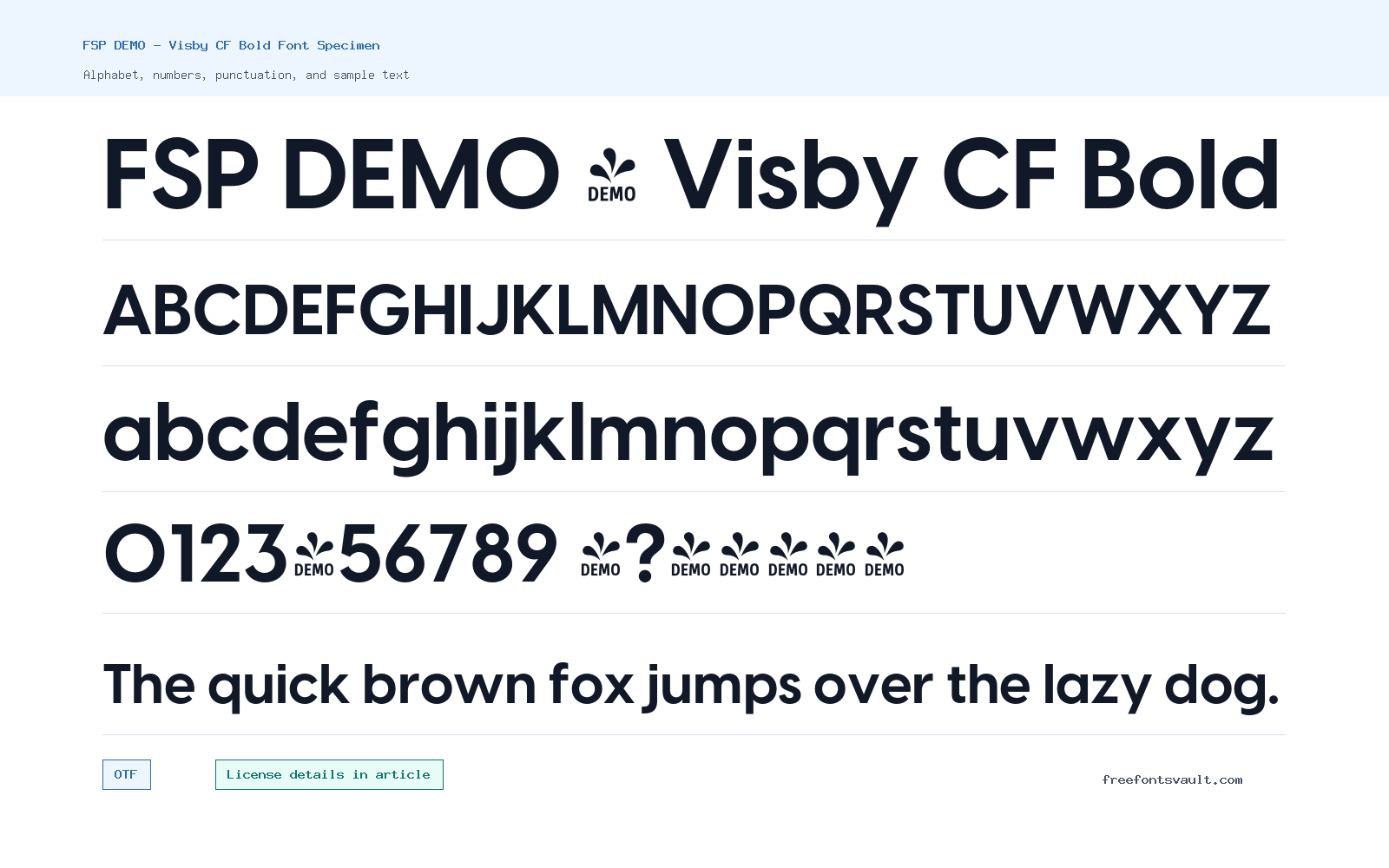 FSP DEMO - Visby CF Bold font specimen showing alphabet, numbers, and sample text