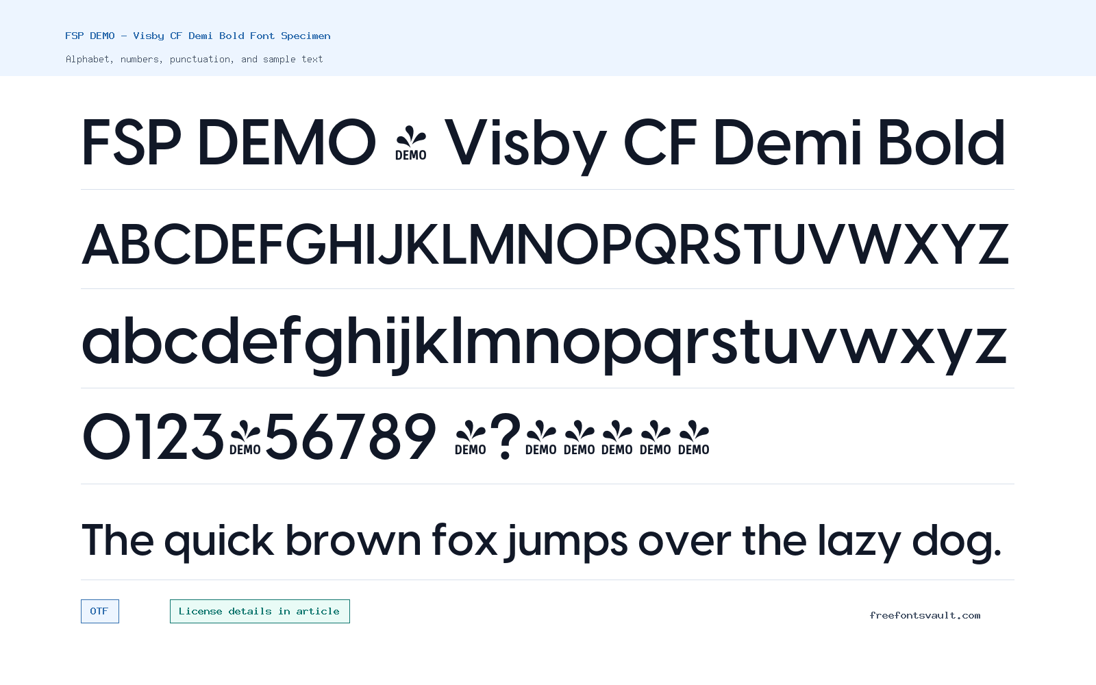 FSP DEMO - Visby CF Demi Bold font specimen showing alphabet, numbers, and sample text