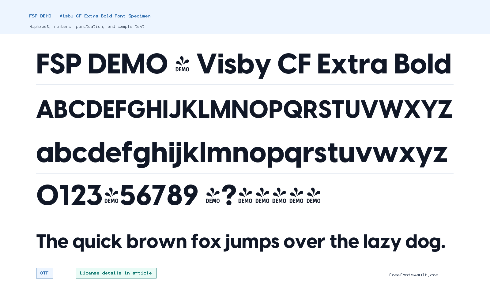 FSP DEMO - Visby CF Extra Bold font specimen showing alphabet, numbers, and sample text