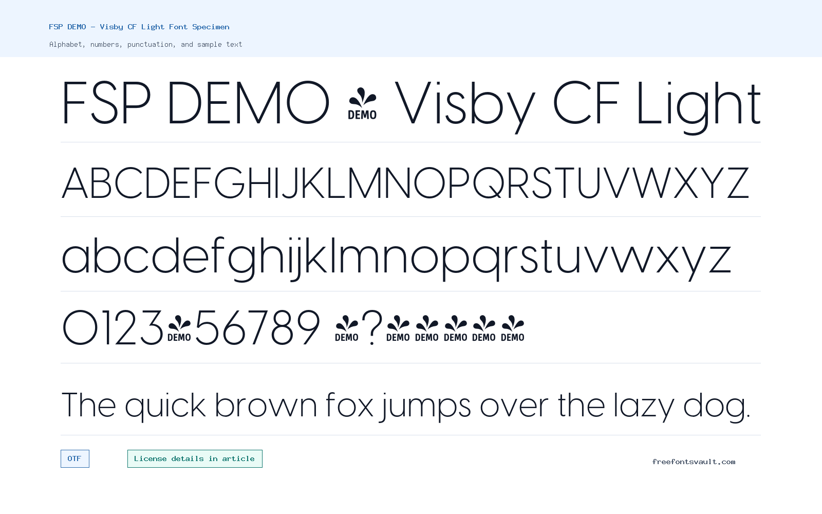 FSP DEMO - Visby CF Light font specimen showing alphabet, numbers, and sample text
