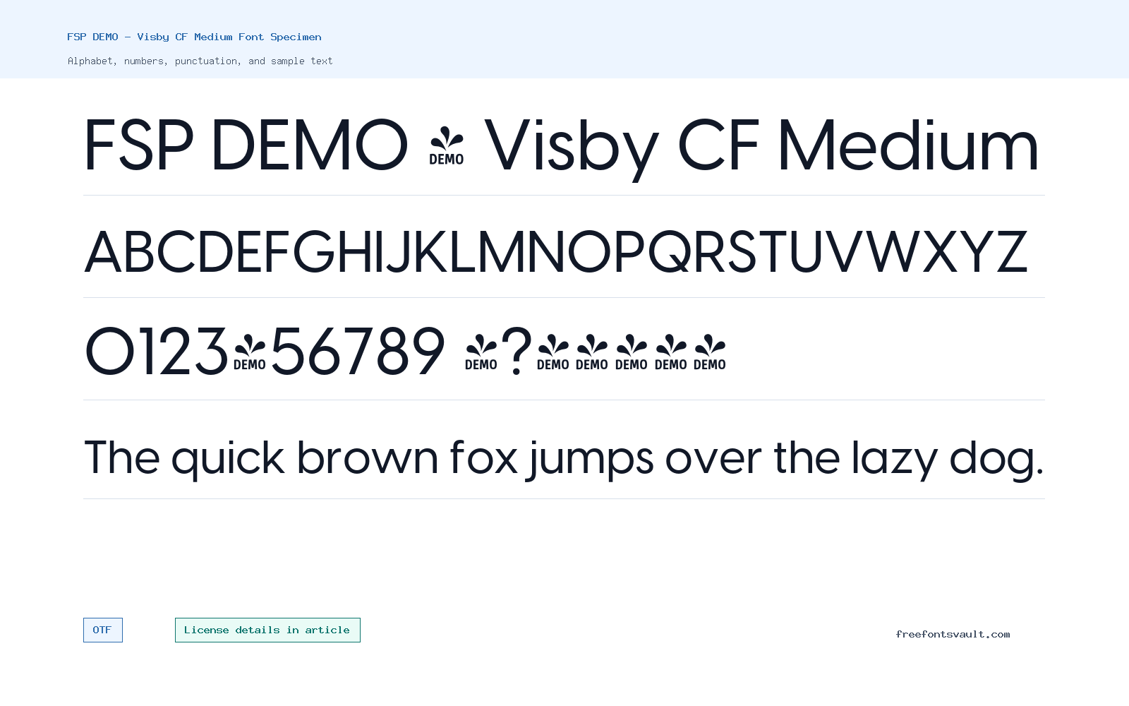 FSP DEMO - Visby CF Medium font specimen showing alphabet, numbers, and sample text