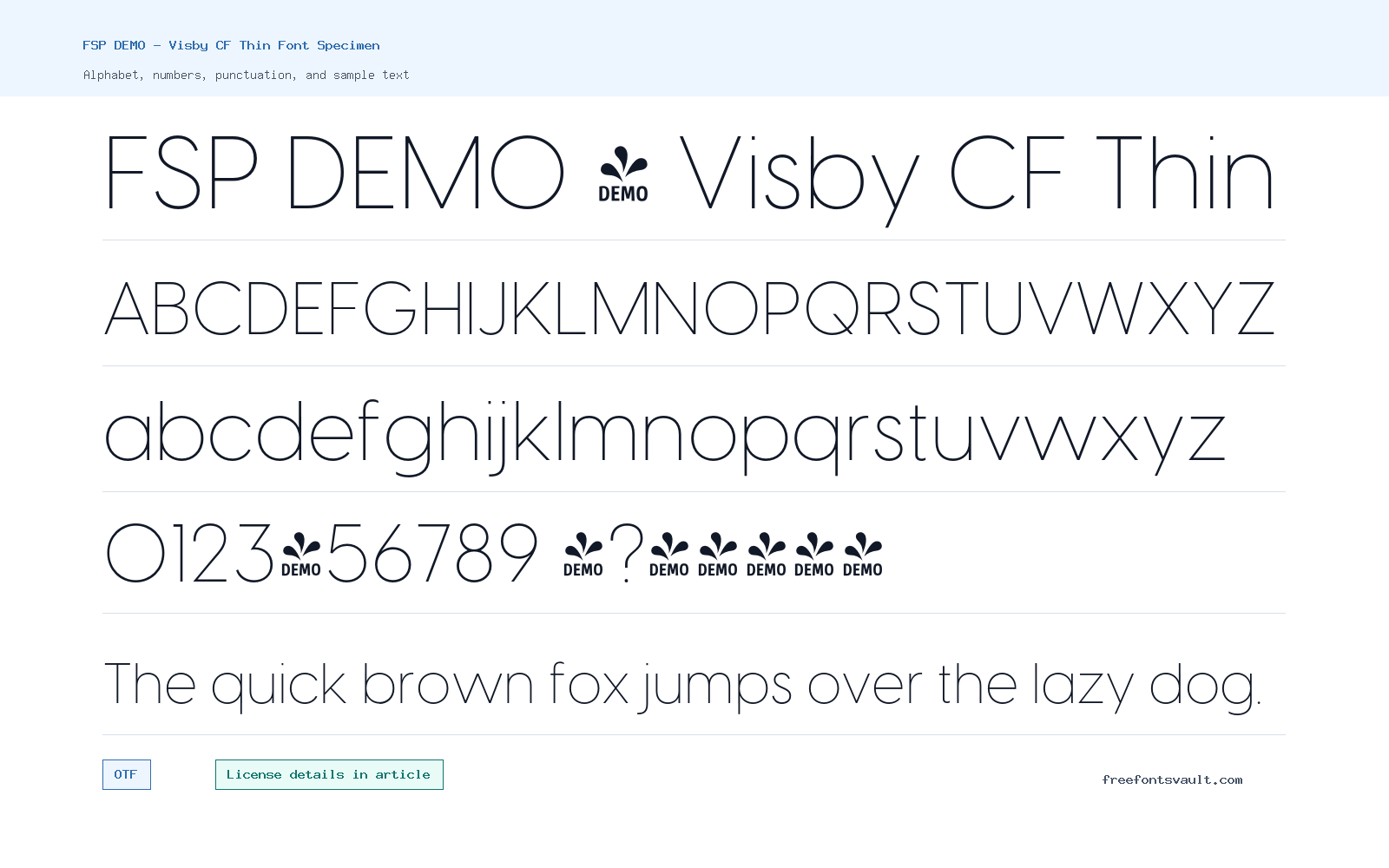 FSP DEMO - Visby CF Thin font specimen showing alphabet, numbers, and sample text