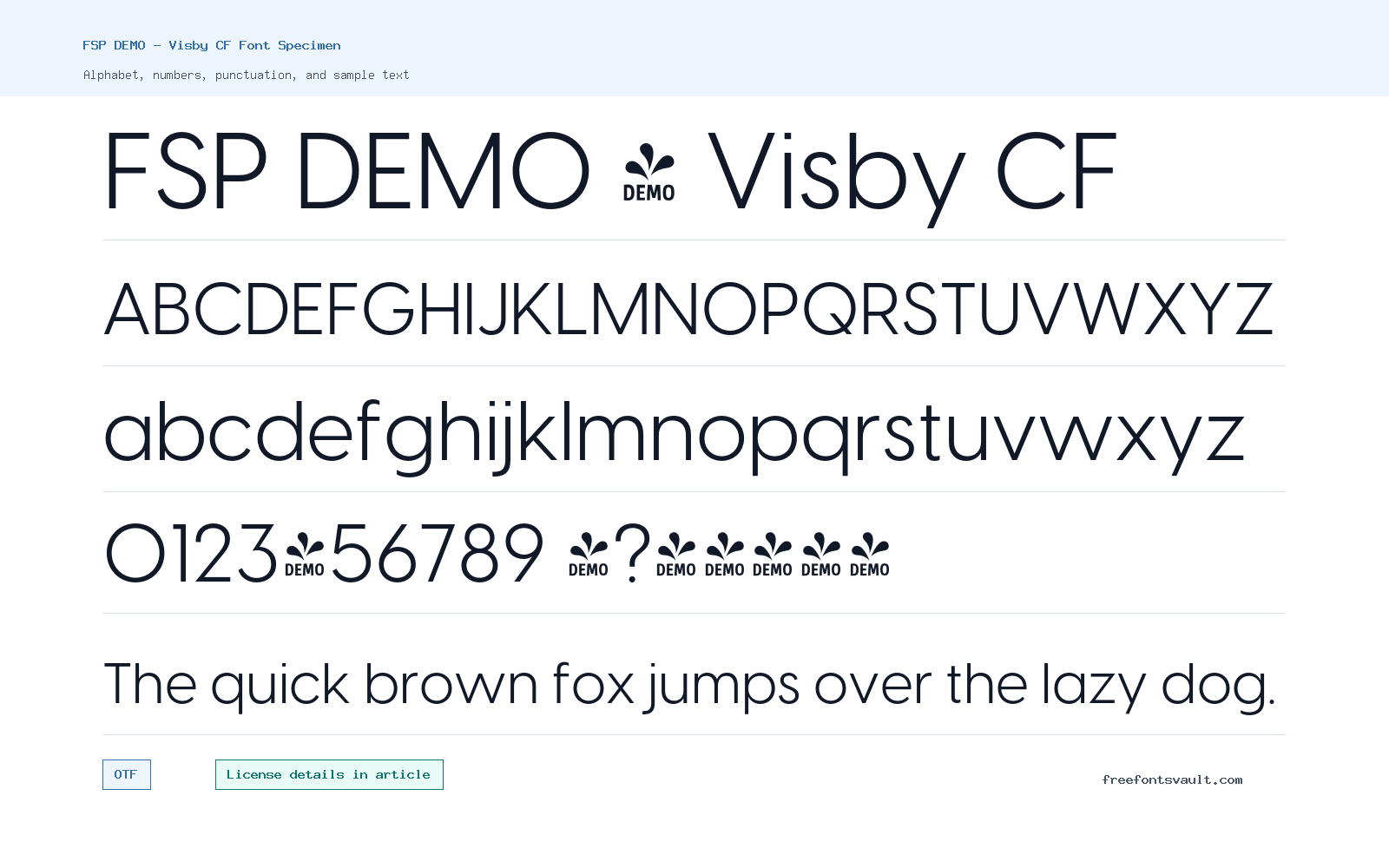 FSP DEMO - Visby CF font specimen showing alphabet, numbers, and sample text