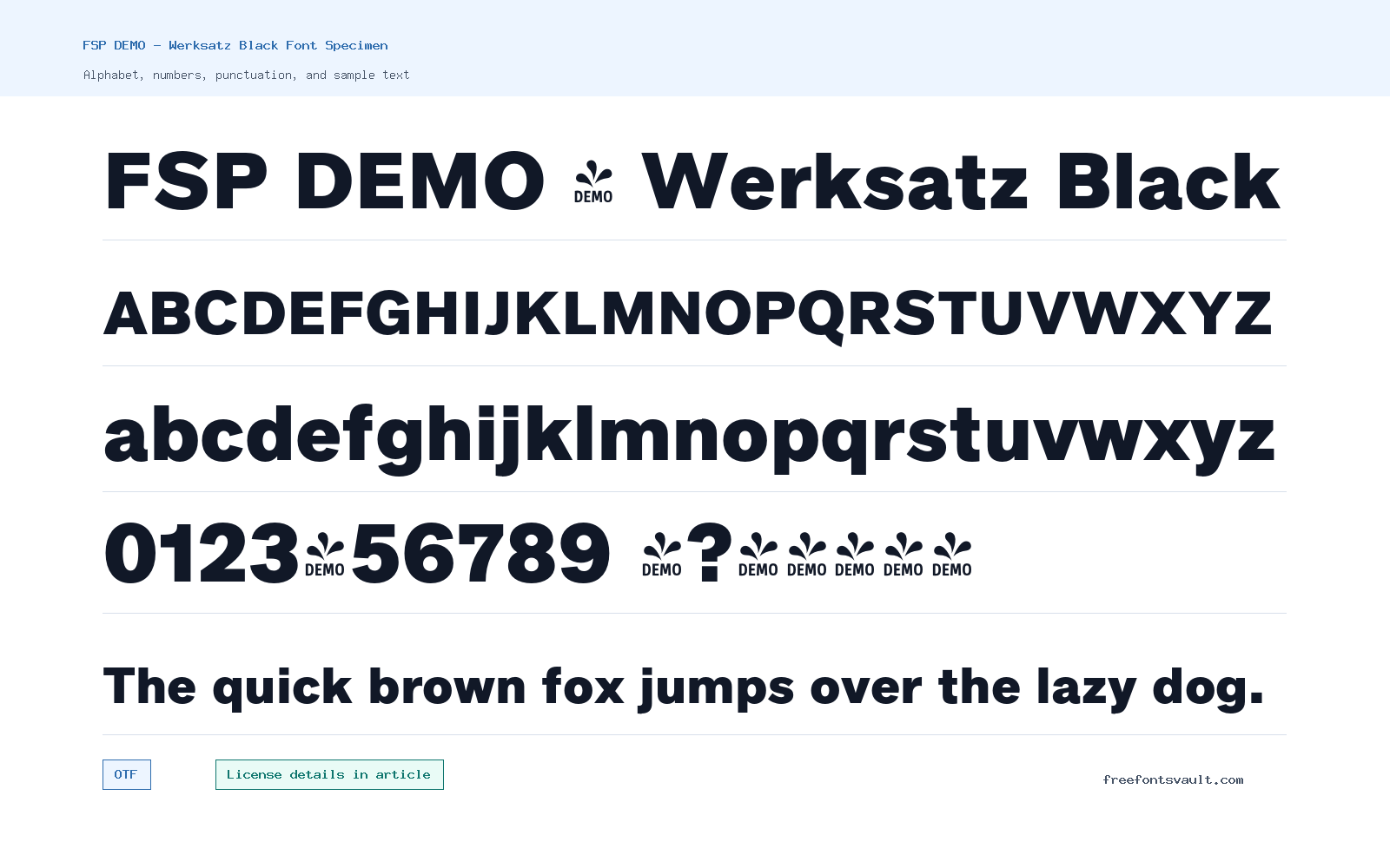 FSP DEMO - Werksatz Black font specimen showing alphabet, numbers, and sample text