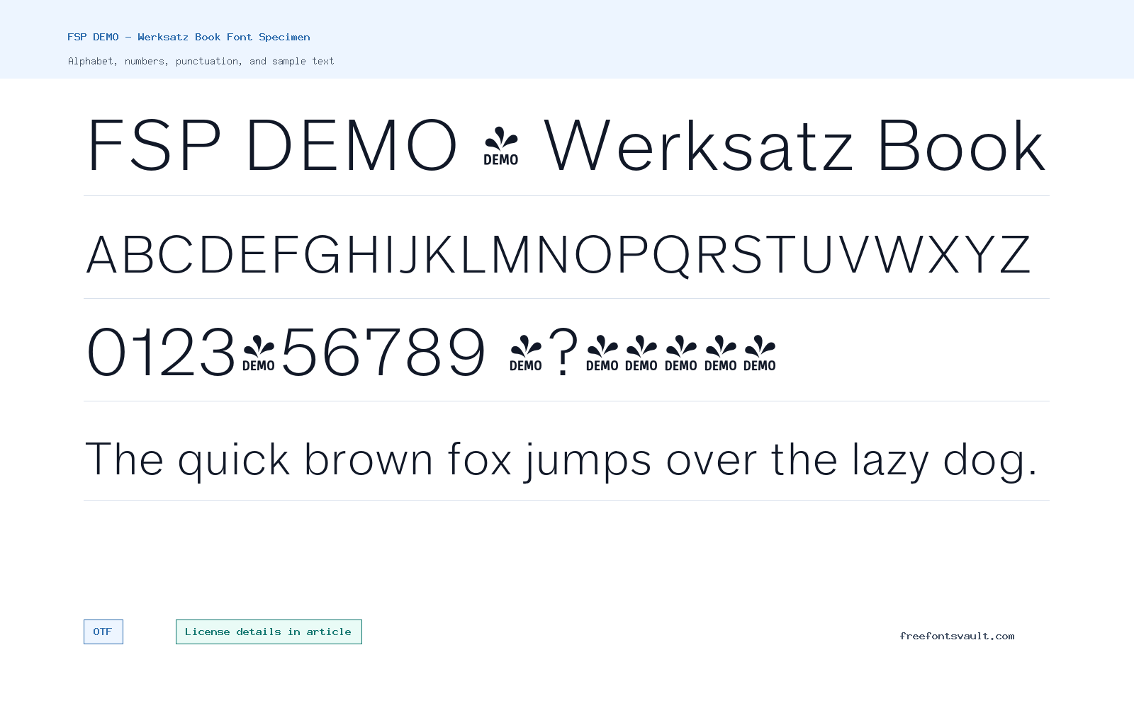 FSP DEMO - Werksatz Book font specimen showing alphabet, numbers, and sample text