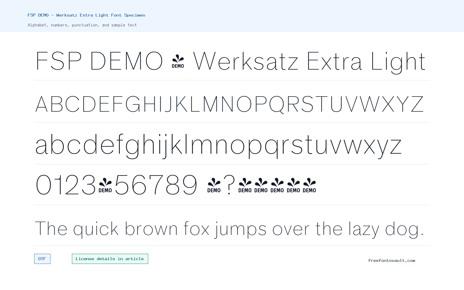 FSP DEMO - Werksatz Extra Light font specimen showing alphabet, numbers, and sample text