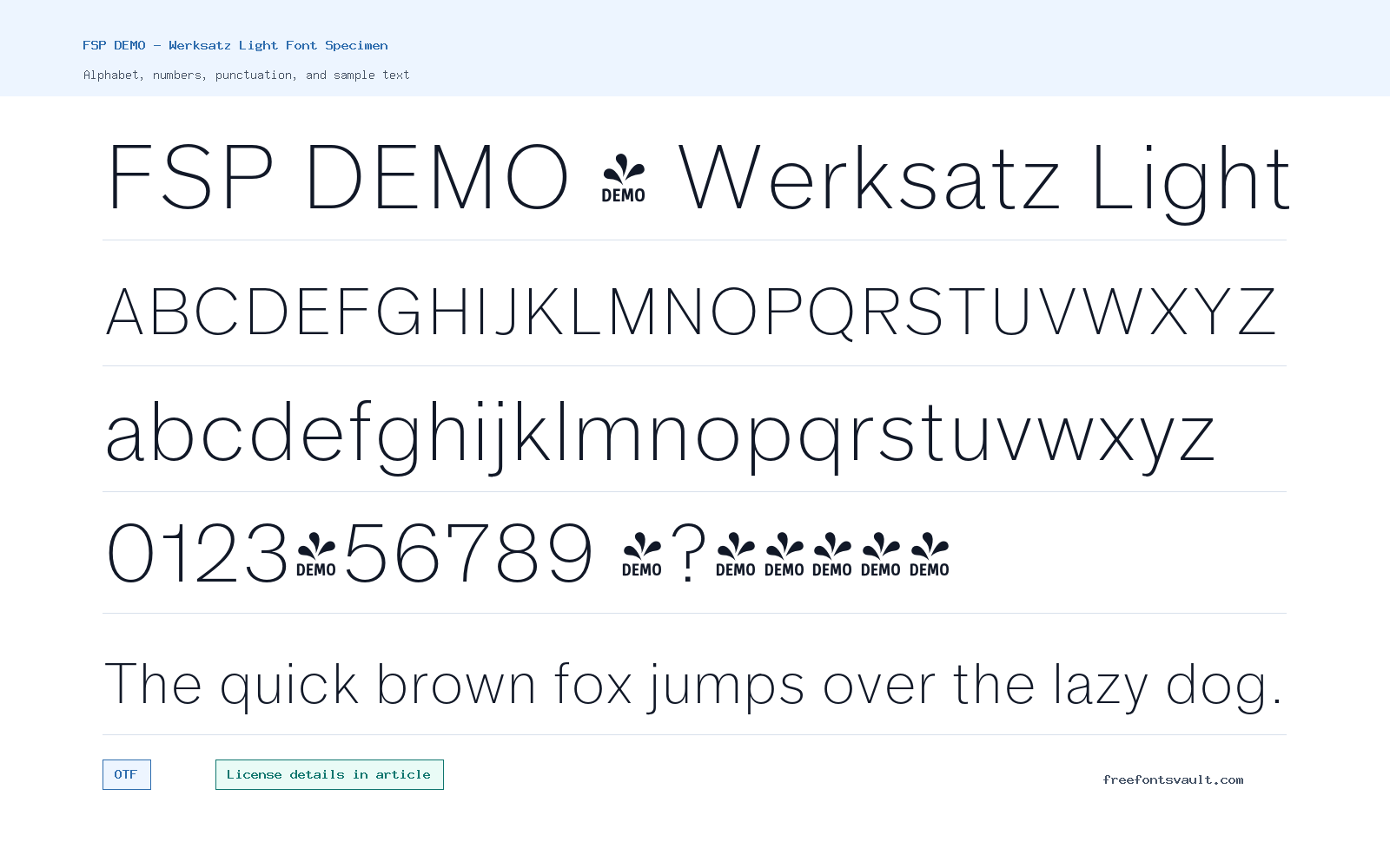 FSP DEMO - Werksatz Light font specimen showing alphabet, numbers, and sample text
