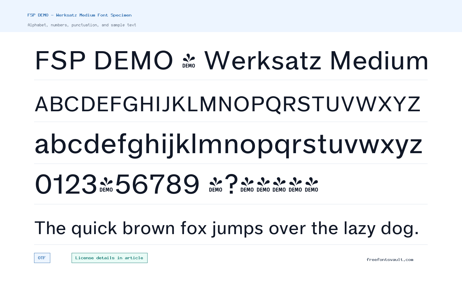 FSP DEMO - Werksatz Medium font specimen showing alphabet, numbers, and sample text