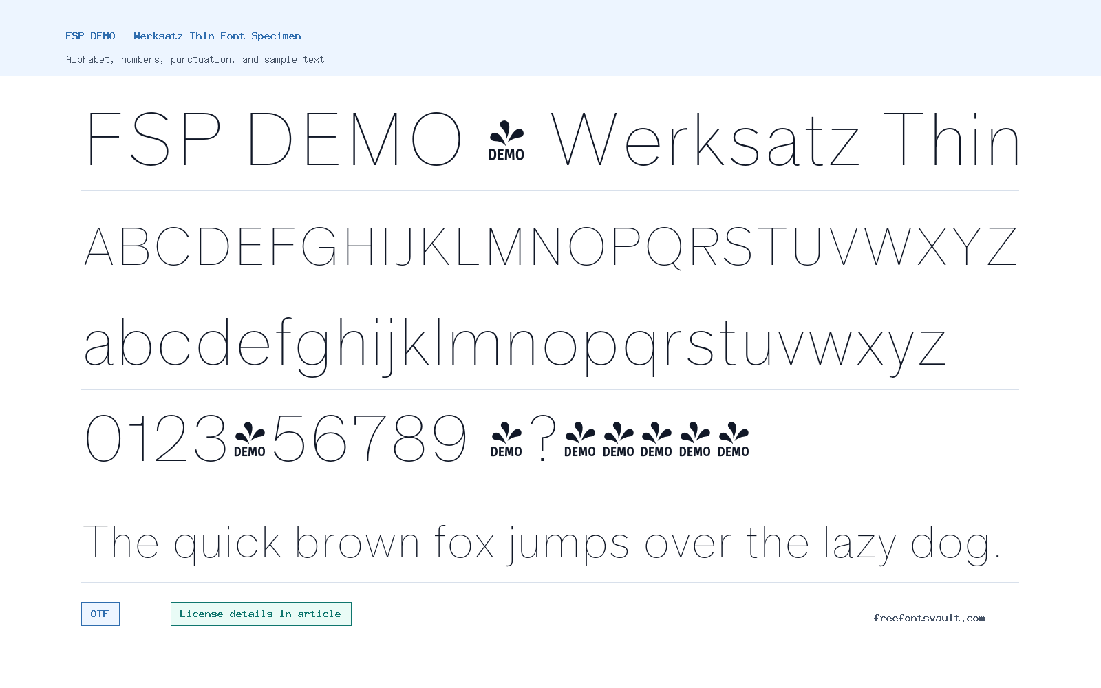 FSP DEMO - Werksatz Thin font specimen showing alphabet, numbers, and sample text