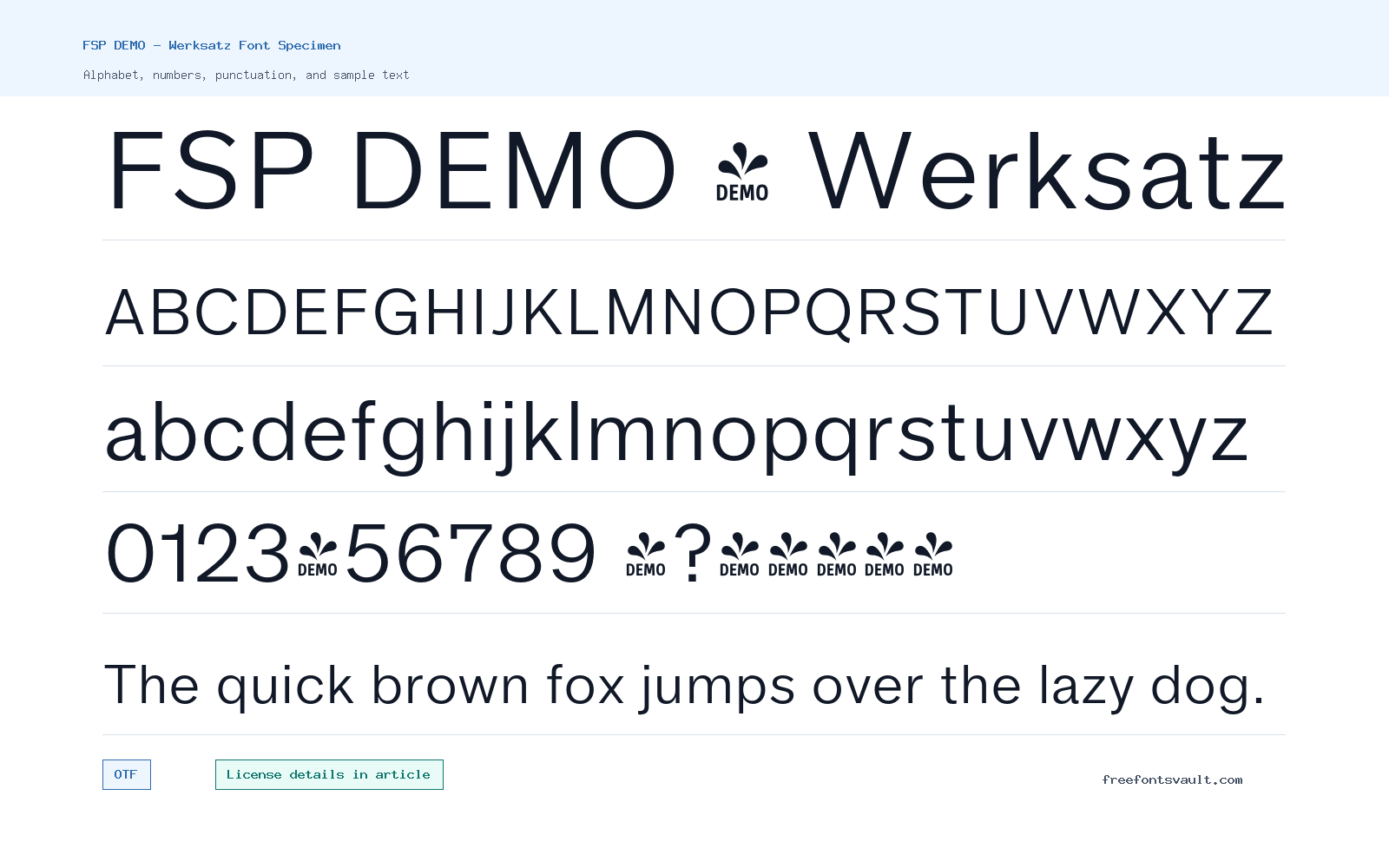 FSP DEMO - Werksatz font specimen showing alphabet, numbers, and sample text