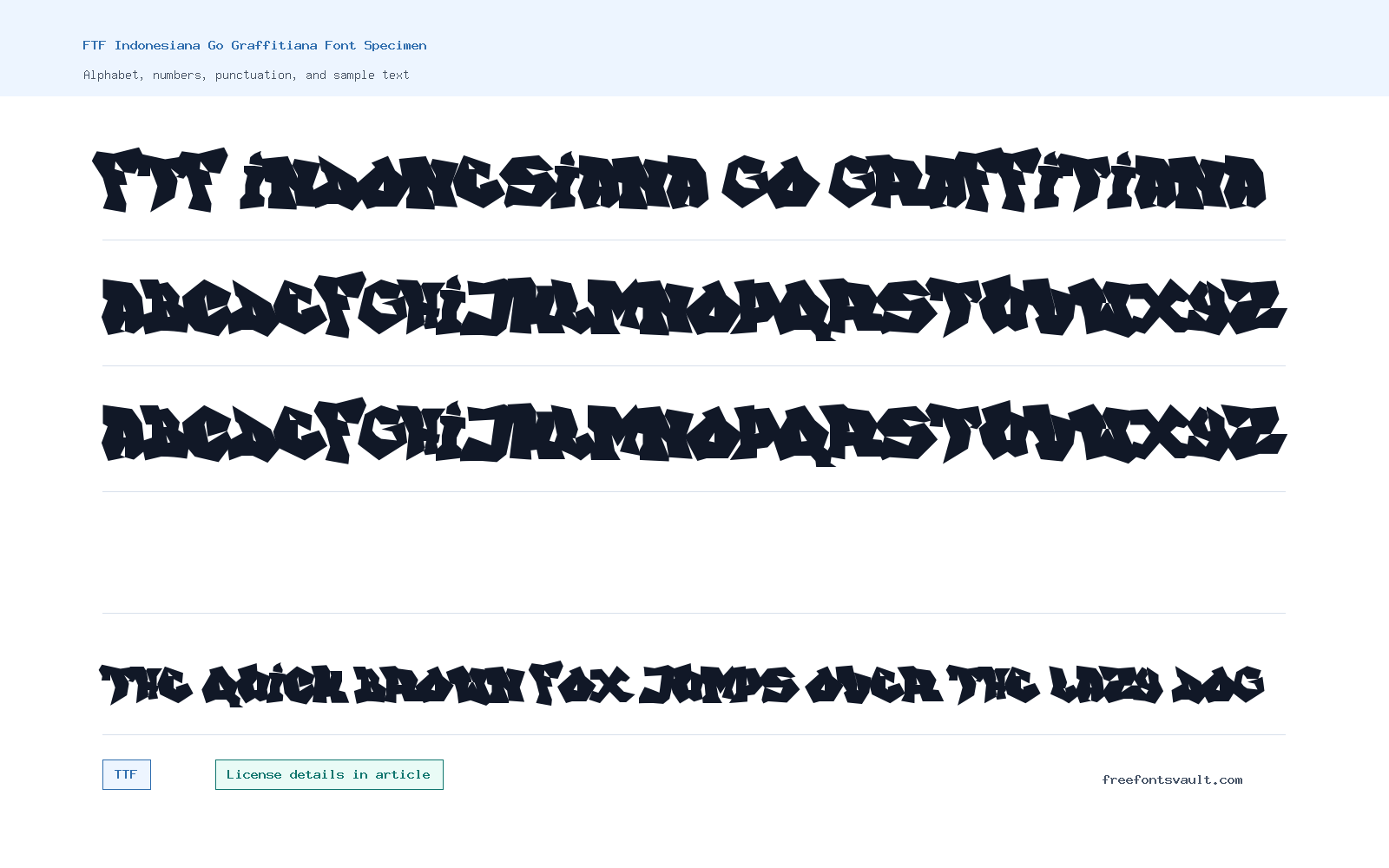 FTF Indonesiana Go Graffitiana font specimen showing alphabet, numbers, and sample text