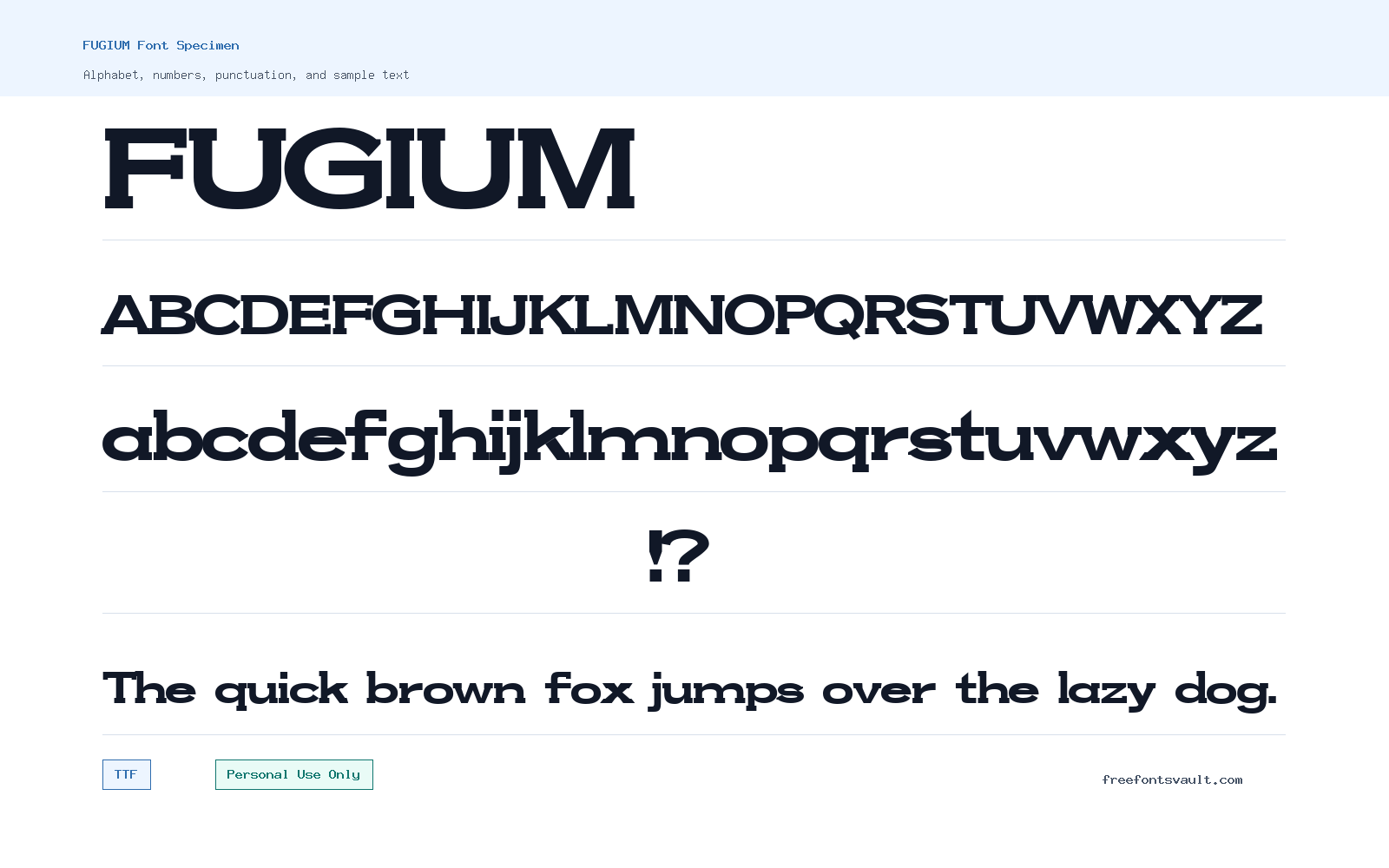 FUGIUM font specimen showing alphabet, numbers, and sample text