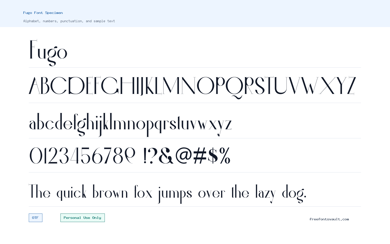 Fugo font specimen showing alphabet, numbers, and sample text