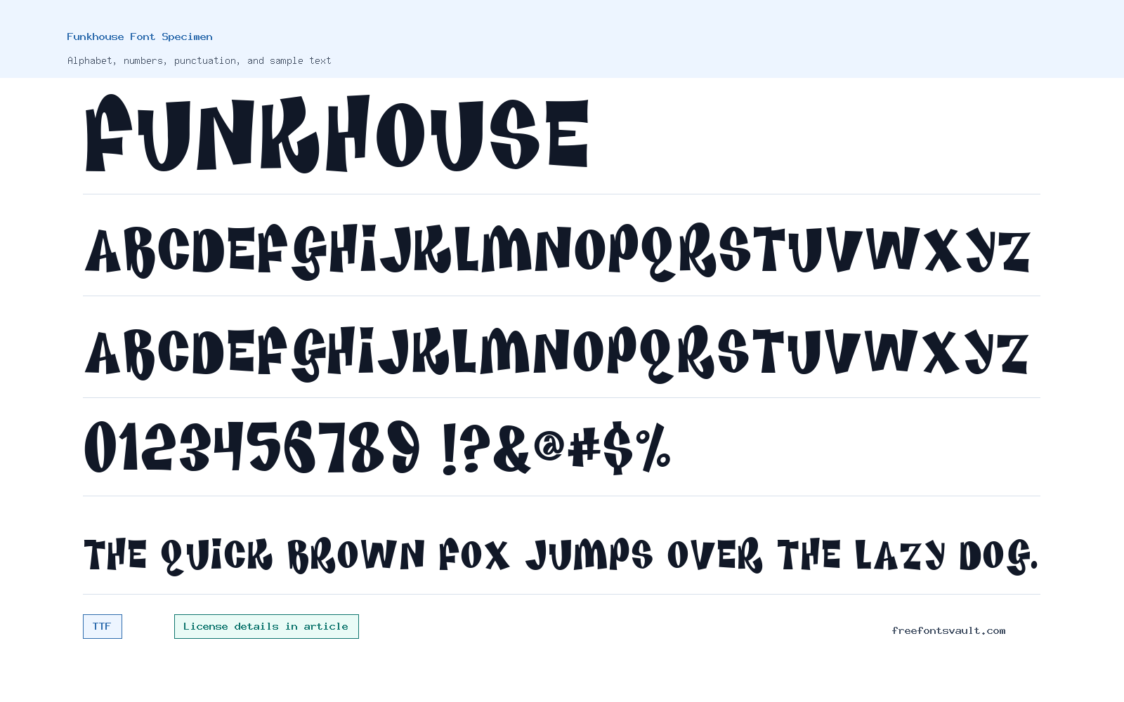 Funkhouse font specimen showing alphabet, numbers, and sample text