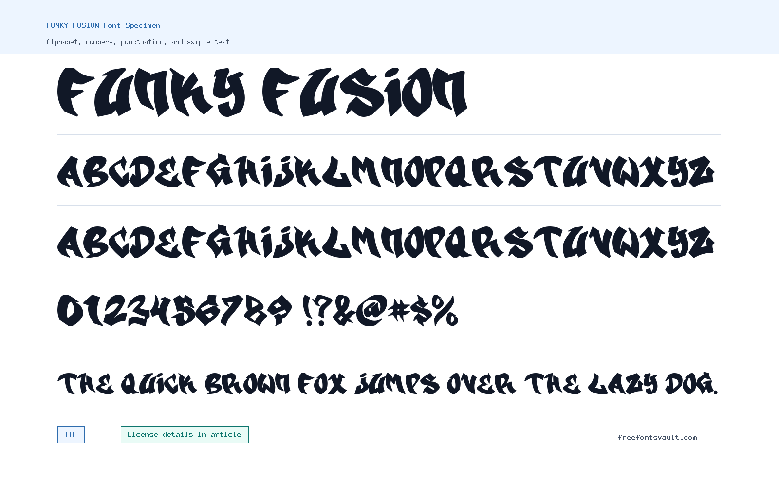FUNKY FUSION font specimen showing alphabet, numbers, and sample text