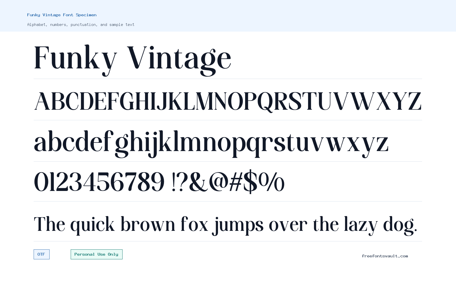Funky Vintage font specimen showing alphabet, numbers, and sample text