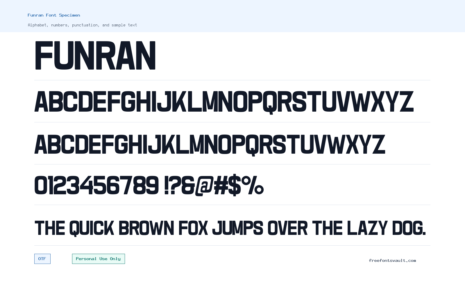 Funran font specimen showing alphabet, numbers, and sample text
