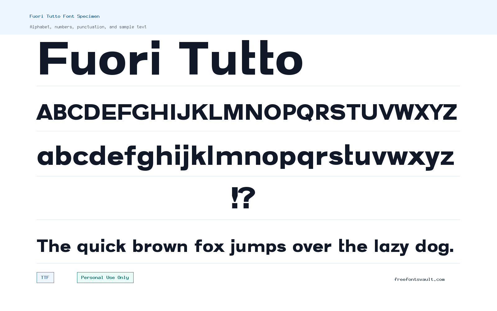 Fuori Tutto font specimen showing alphabet, numbers, and sample text