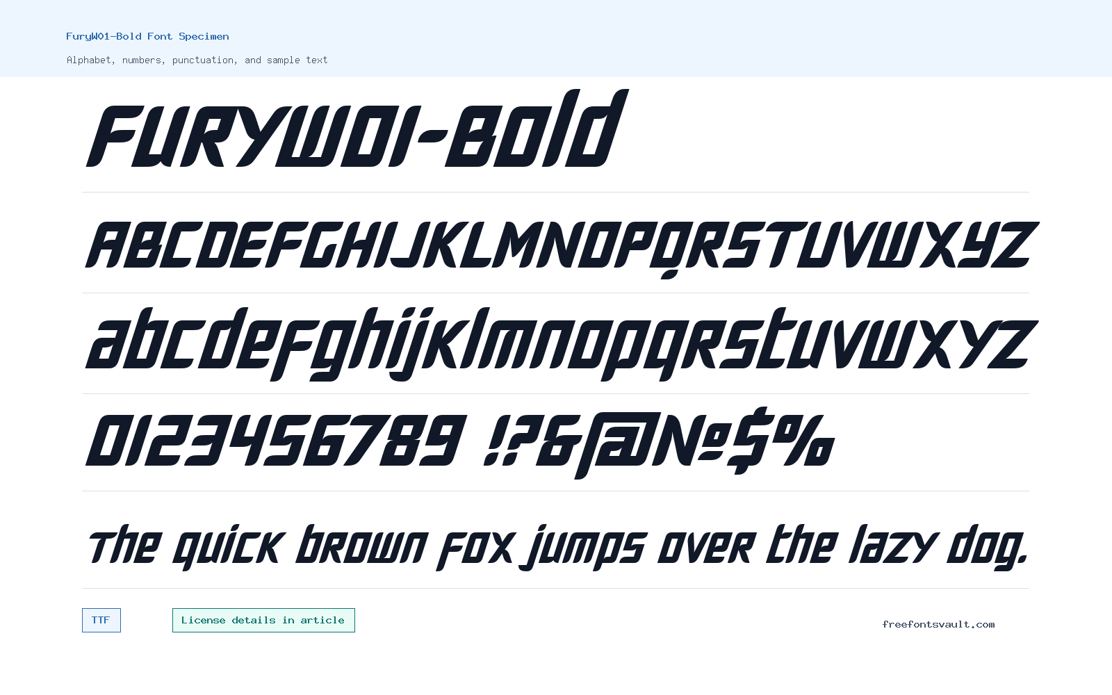 FuryW01-Bold font specimen showing alphabet, numbers, and sample text