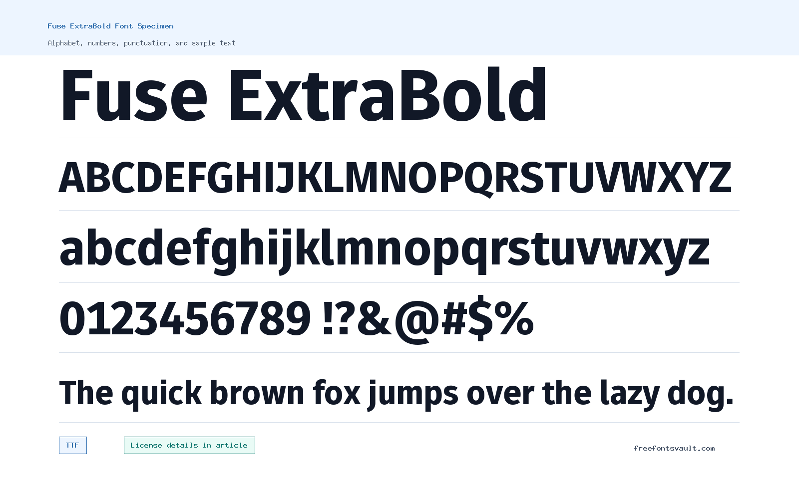 Fuse ExtraBold font specimen showing alphabet, numbers, and sample text
