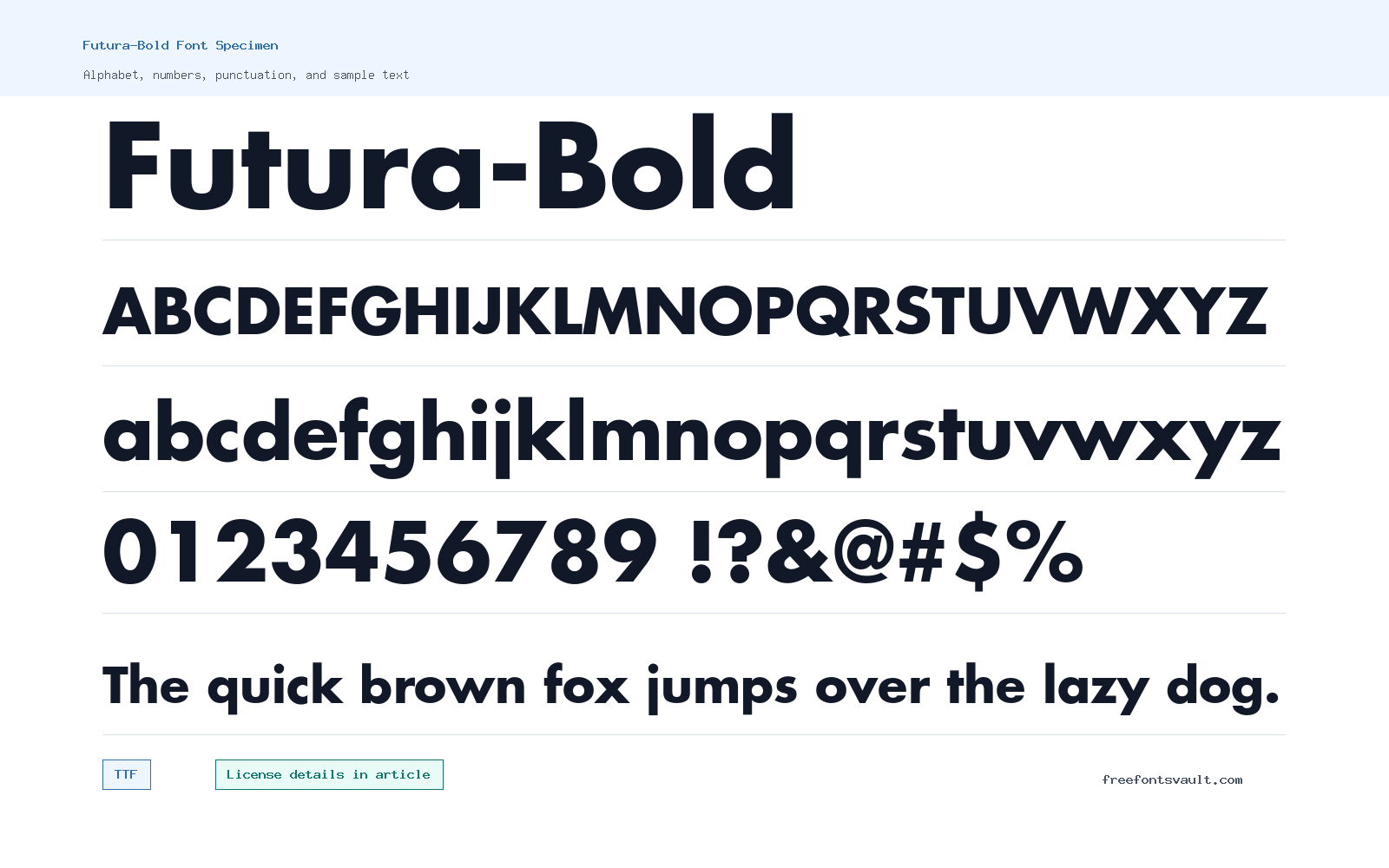 Futura-Bold font specimen showing alphabet, numbers, and sample text