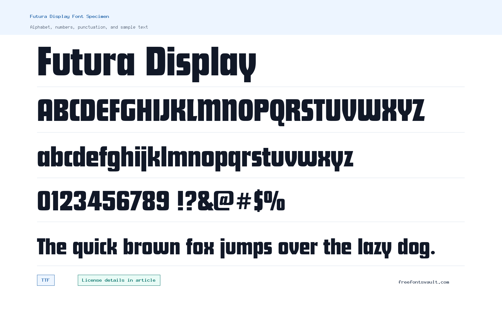 Futura Display font specimen showing alphabet, numbers, and sample text