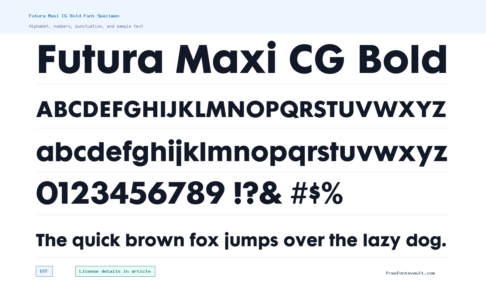 Futura Maxi CG Bold font specimen showing alphabet, numbers, and sample text