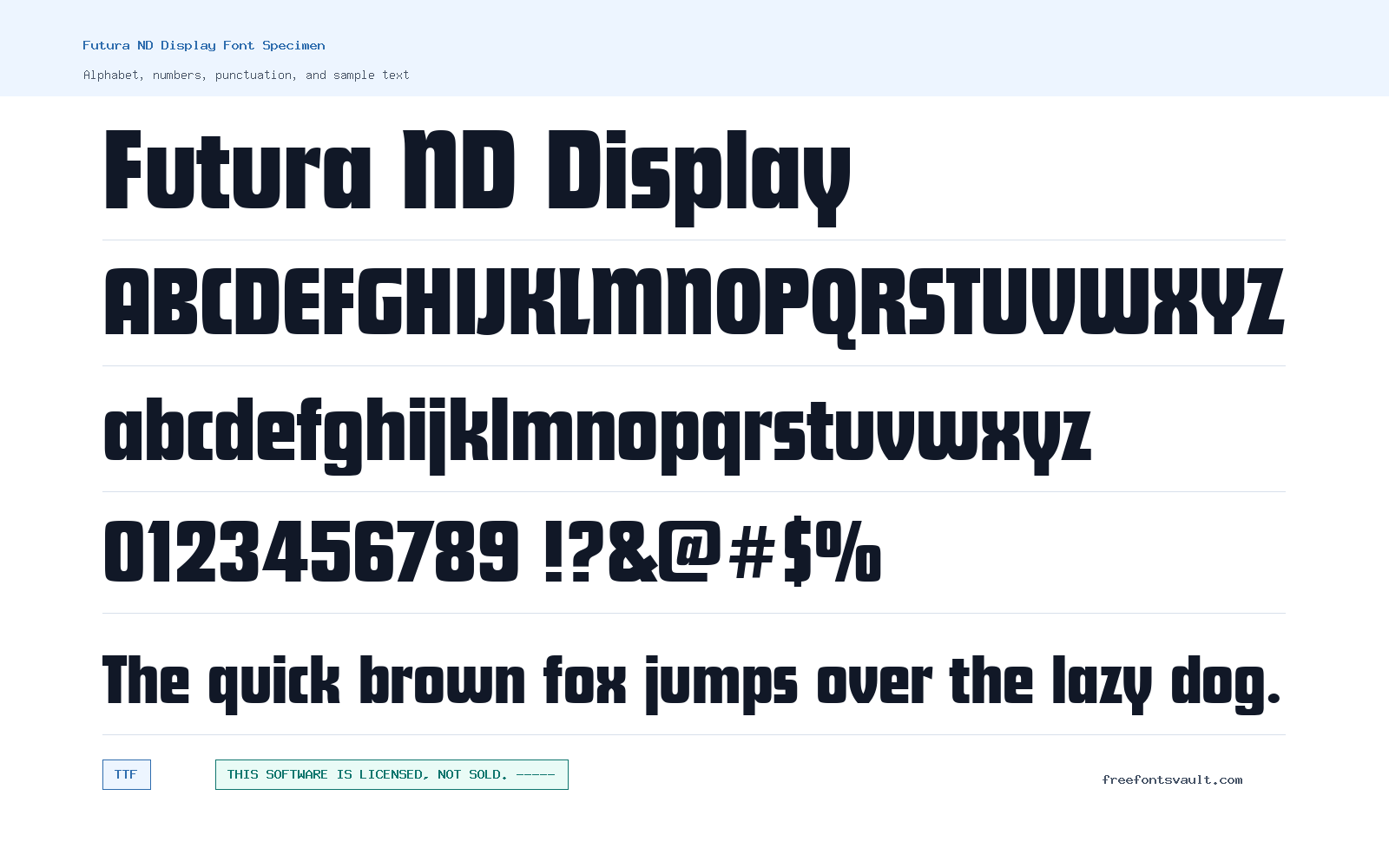 Futura ND Display font specimen showing alphabet, numbers, and sample text