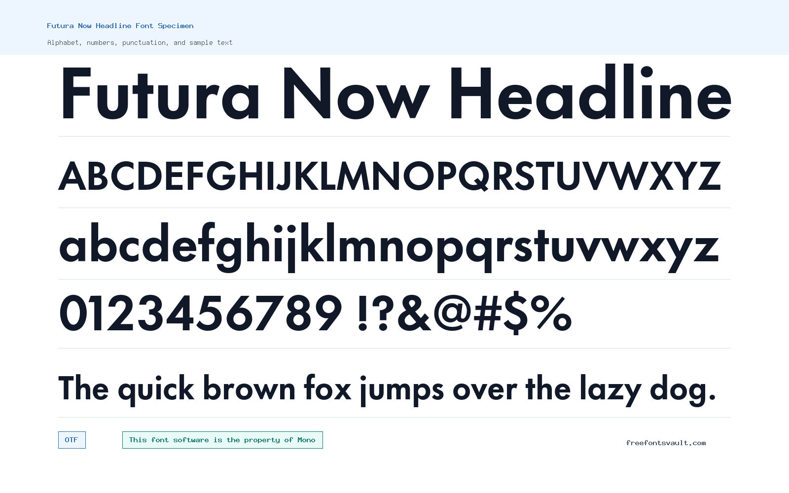Futura Now Headline font specimen showing alphabet, numbers, and sample text