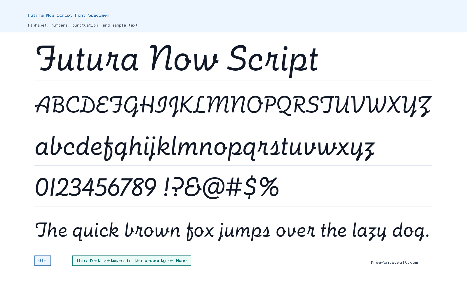 Futura Now Script font specimen showing alphabet, numbers, and sample text