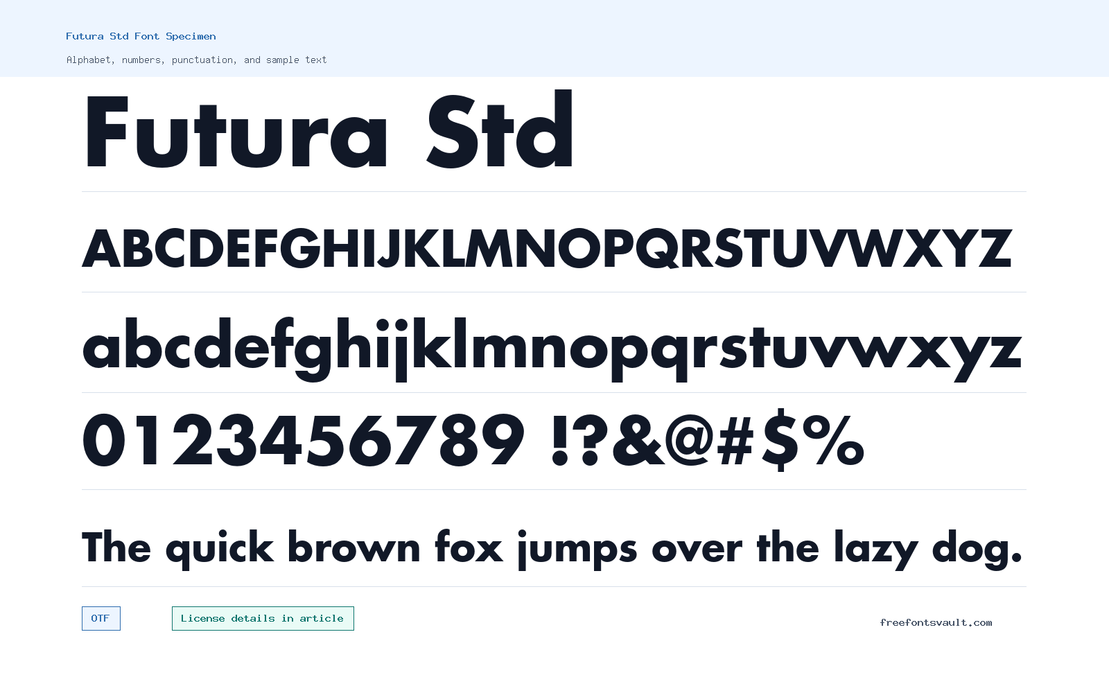 Futura Std font specimen showing alphabet, numbers, and sample text