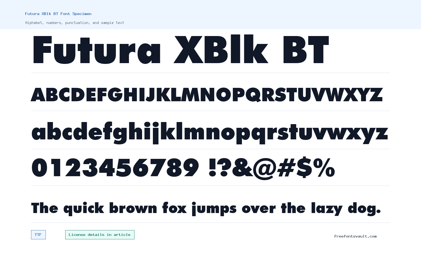 Futura XBlk BT font specimen showing alphabet, numbers, and sample text