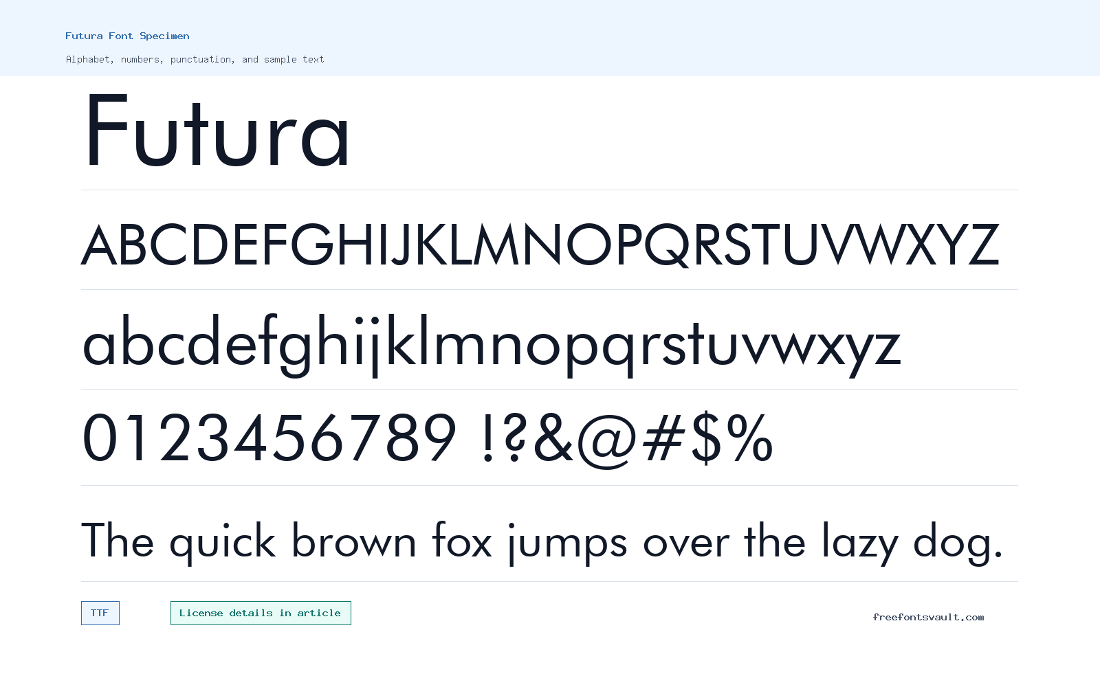 Futura font specimen showing alphabet, numbers, and sample text