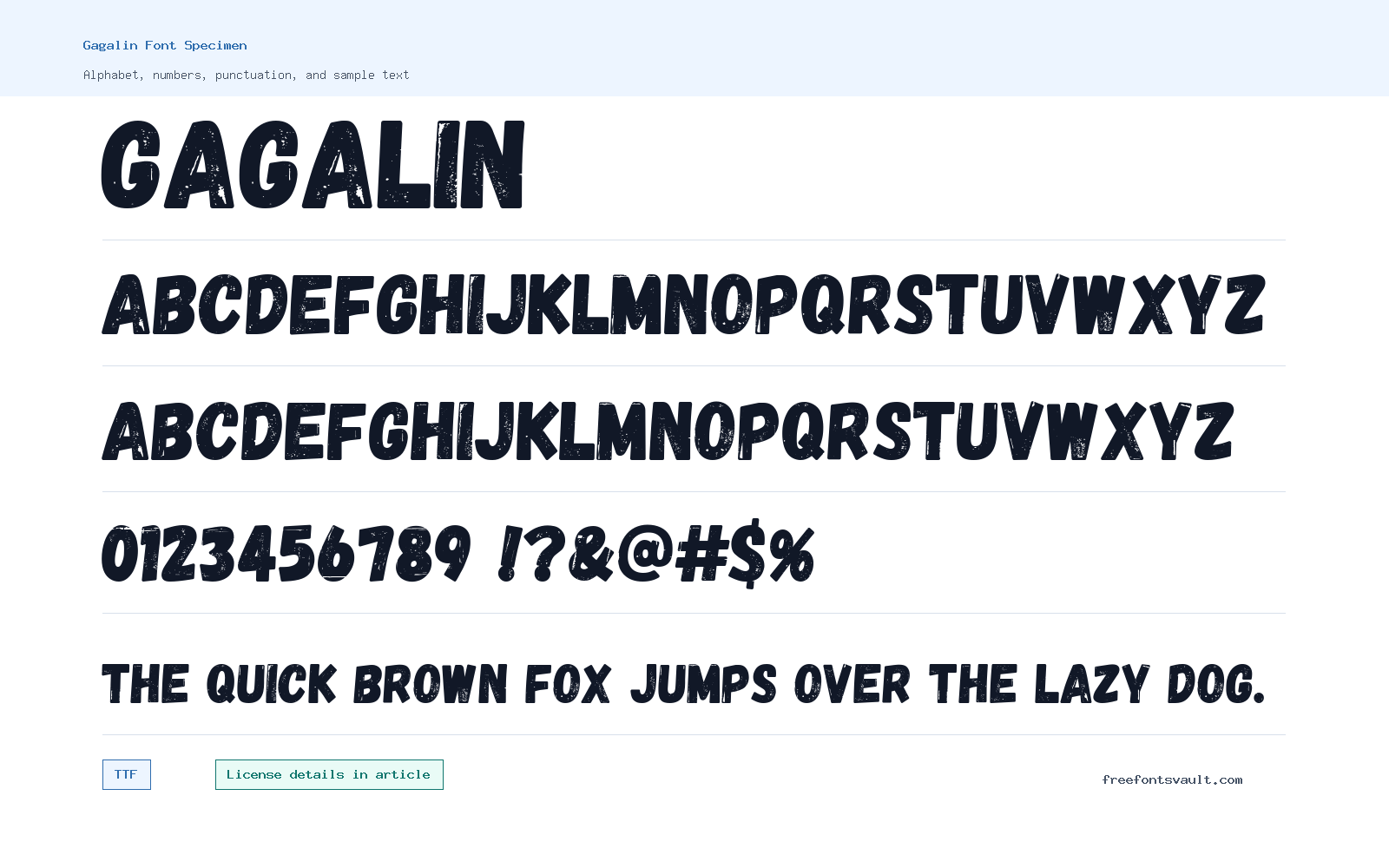 Gagalin font specimen showing alphabet, numbers, and sample text