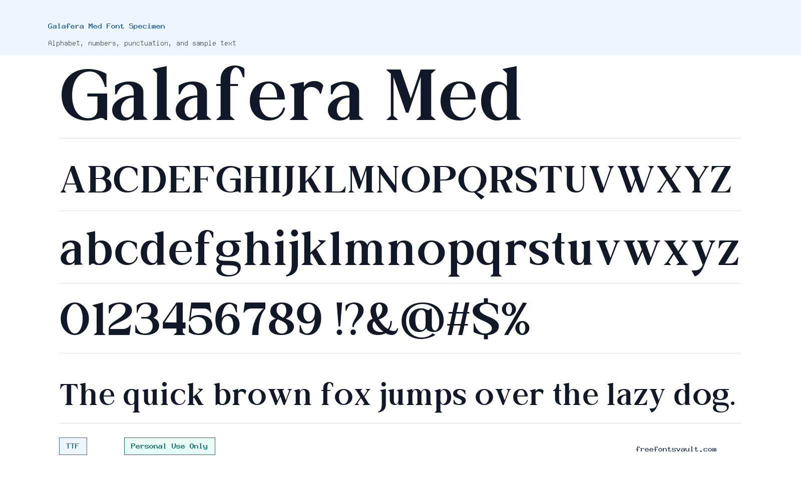 Galafera Med font specimen showing alphabet, numbers, and sample text