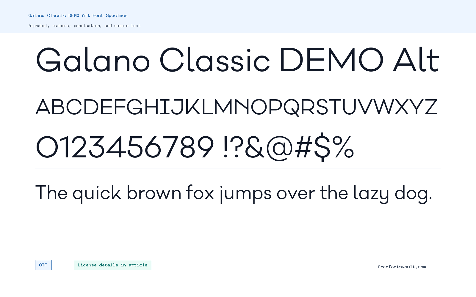 Galano Classic DEMO Alt font specimen showing alphabet, numbers, and sample text