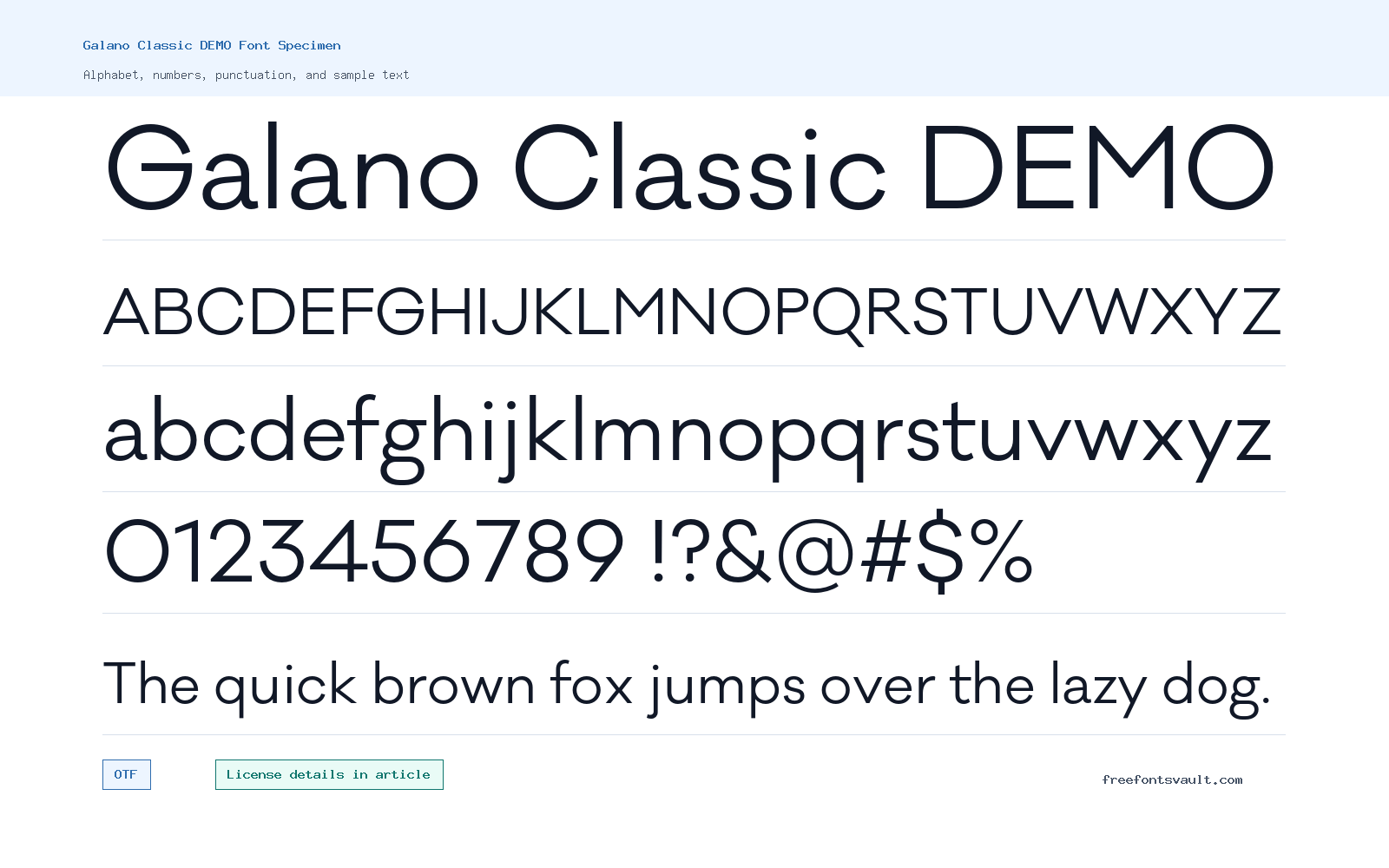 Galano Classic DEMO font specimen showing alphabet, numbers, and sample text